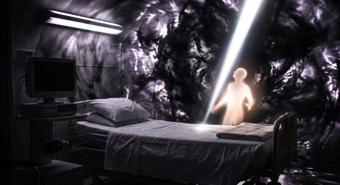 A surreal and cinematic image of a dimly lit hospital room where the environment is warping into a metaphysical void. In the foreground, an empty, made hospital bed sits next to an medical monitor displaying a blank screen and medical equipment in the dark shadow. The wall behind the bed dissolves into a swirling, swirling, dark mass of purple, black, and white energy, resembling a cosmic vortex or a stormy sky. To the right of the bed, a translucent, glowing white human silhouette stands upright, looking up toward a brilliant, powerful beam of white light that descends diagonally from the upper right. The scene creates a strong contrast between the sterile, clinical setting and the profound, otherworldly experience of death or spiritual departure. A surreal and cinematic image of a dimly lit hospital room where the environment is warping into a metaphysical void. In the foreground, an empty, made hospital bed sits next to an medical monitor displaying a blank screen and medical equipment in the dark shadow. The wall behind the bed dissolves into a swirling, swirling, dark mass of purple, black, and white energy, resembling a cosmic vortex or a stormy sky. To the right of the bed, a translucent, glowing white human silhouette stands upright, looking up toward a brilliant, powerful beam of white light that descends diagonally from the upper right. The scene creates a strong contrast between the sterile, clinical setting and the profound, otherworldly experience of death or spiritual departure.