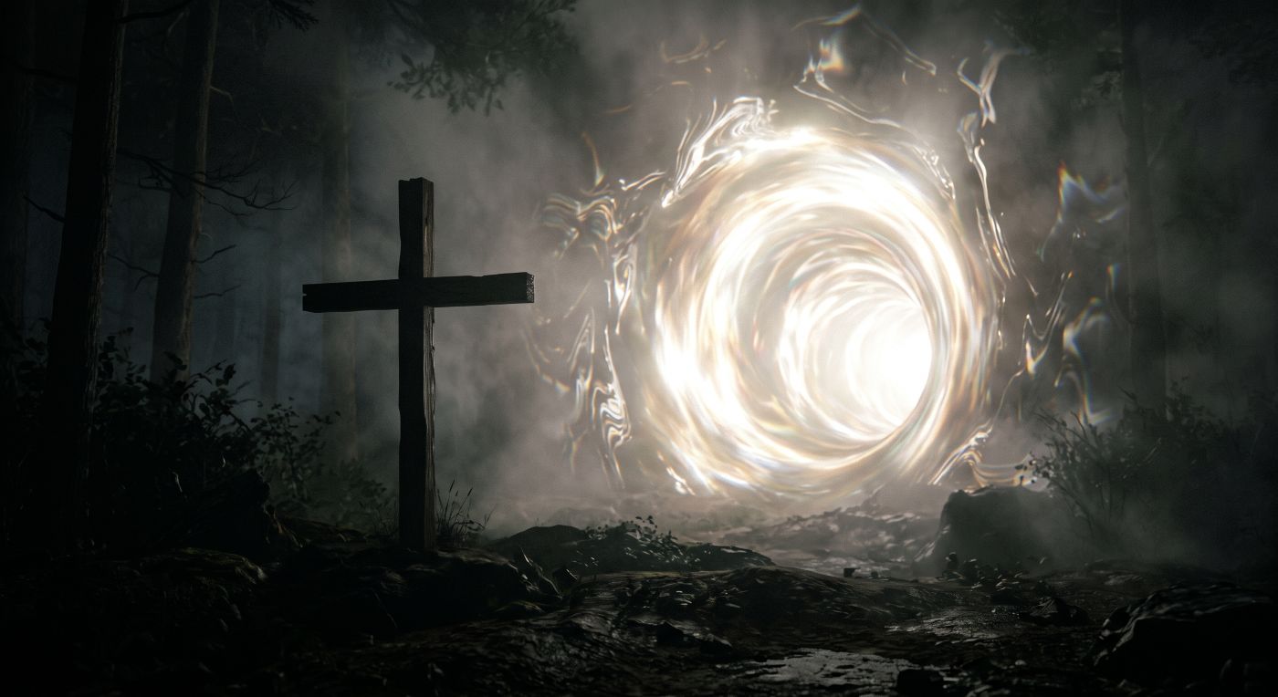 A wide-angle, atmospheric photograph taken in a dense, dark forest at night. In the foreground to the left, a solitary, large, dark wooden cross is firmly set in the uneven, rocky ground, standing in stark contrast to the darkness. In the center-background, a brilliant, glowing, and swirling circular vortex of light, resembling a tunnel or a spiritual portal, dominates the scene. This portal emits a blinding, radiant white-and-yellow light with hints of chromatic aberration around its misty edges. Thick fog and mist drift between the trees, illuminated by the intense glow from the portal. The dense, dark silhouettes of pine trees frame the composition on the left and right, with dark underbrush in the foreground. The overall mood is mysterious, spiritual, and dramatic, with a profound contrast between the ancient religious symbol and the powerful, unknown light. A wide-angle, atmospheric photograph taken in a dense, dark forest at night. In the foreground to the left, a solitary, large, dark wooden cross is firmly set in the uneven, rocky ground, standing in stark contrast to the darkness. In the center-background, a brilliant, glowing, and swirling circular vortex of light, resembling a tunnel or a spiritual portal, dominates the scene. This portal emits a blinding, radiant white-and-yellow light with hints of chromatic aberration around its misty edges. Thick fog and mist drift between the trees, illuminated by the intense glow from the portal. The dense, dark silhouettes of pine trees frame the composition on the left and right, with dark underbrush in the foreground. The overall mood is mysterious, spiritual, and dramatic, with a profound contrast between the ancient religious symbol and the powerful, unknown light.