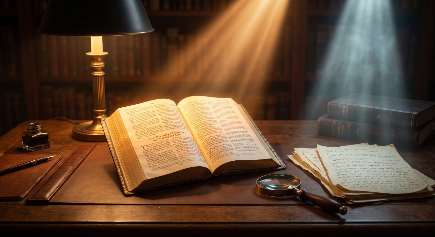 A wide-angle, atmospheric photograph of a vintage wooden study desk at night, illuminated by multiple light sources. An ornate brass candlestick lamp provides a warm glow on the left, near an inkwell and a fountain pen on a leather writing pad. Center-stage is a large, open leather-bound book, titled “The Divinity of Christ,” which is brilliantly illuminated by a sharp, warm shaft of light from above, making the pages appear to glow. The text on the page discusses the divine nature of Christ. To the right, on the wooden surface, sits a stack of old books and several loose, hand-written manuscript pages. A large magnifying glass with a wooden handle rests upon these papers. A second, cooler and more mystical column of blue-grey light descends from the upper right, illuminating the stack of books and the loose pages, creating a contrast of light and a deeply intellectual, scholarly mood. A blurred library bookshelf fills the background. A wide-angle, atmospheric photograph of a vintage wooden study desk at night, illuminated by multiple light sources. An ornate brass candlestick lamp provides a warm glow on the left, near an inkwell and a fountain pen on a leather writing pad. Center-stage is a large, open leather-bound book, titled “The Divinity of Christ,” which is brilliantly illuminated by a sharp, warm shaft of light from above, making the pages appear to glow. The text on the page discusses the divine nature of Christ. To the right, on the wooden surface, sits a stack of old books and several loose, hand-written manuscript pages. A large magnifying glass with a wooden handle rests upon these papers. A second, cooler and more mystical column of blue-grey light descends from the upper right, illuminating the stack of books and the loose pages, creating a contrast of light and a deeply intellectual, scholarly mood. A blurred library bookshelf fills the background.