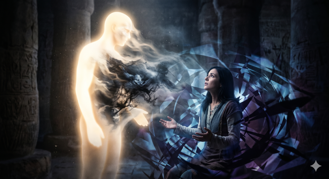 A metaphorical scene of a woman surrounded by fractured, dark geometric shadows as a glowing entity's light peels away to reveal a chaotic, dark mass of energy.