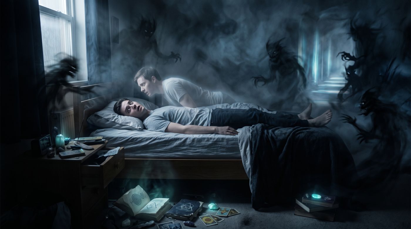 A troubled young man lies paralyzed in bed surrounded by cold blue shadows and dark swirling fog. A translucent spirit begins to separate from his physical body as shadow entities loom over him. Faintly glowing occult books, tarot cards, and spiritual objects rest on the nightstand and floor.