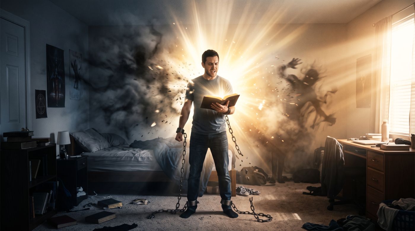 A man standing boldly in a bedroom holding a glowing open Bible as radiant golden-white light bursts around him, shattering dark smoke and scattering shadowy figures while heavy iron chains break off his wrists and ankles.