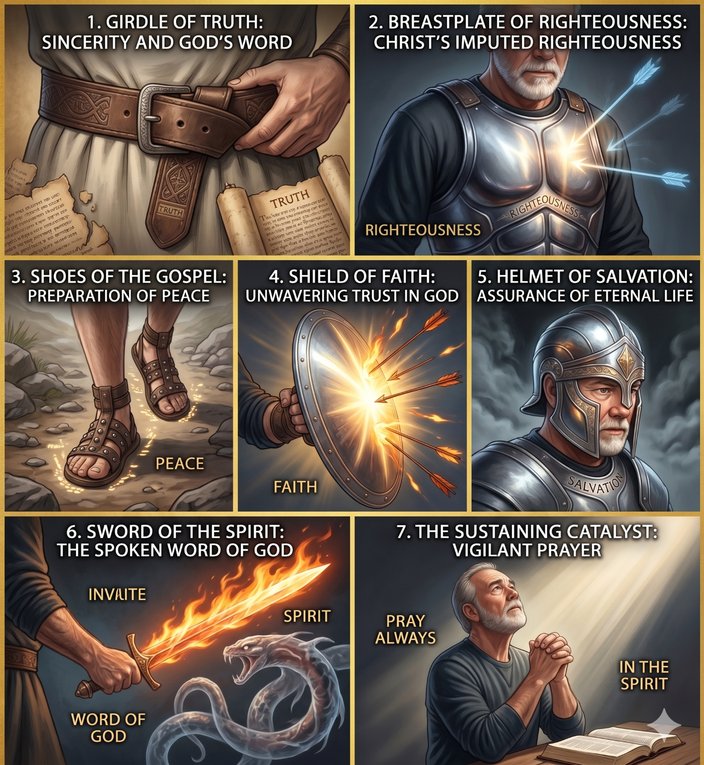 A 7-panel biblical infographic for a spiritual warfare ministry illustrating the full armor of God from Ephesians 6, including the girdle of truth, breastplate of righteousness, shoes of peace, shield of faith, helmet of salvation, sword of the spirit, and vigilant prayer. A 7-panel biblical infographic for a spiritual warfare ministry illustrating the full armor of God from Ephesians 6, including the girdle of truth, breastplate of righteousness, shoes of peace, shield of faith, helmet of salvation, sword of the spirit, and vigilant prayer.
