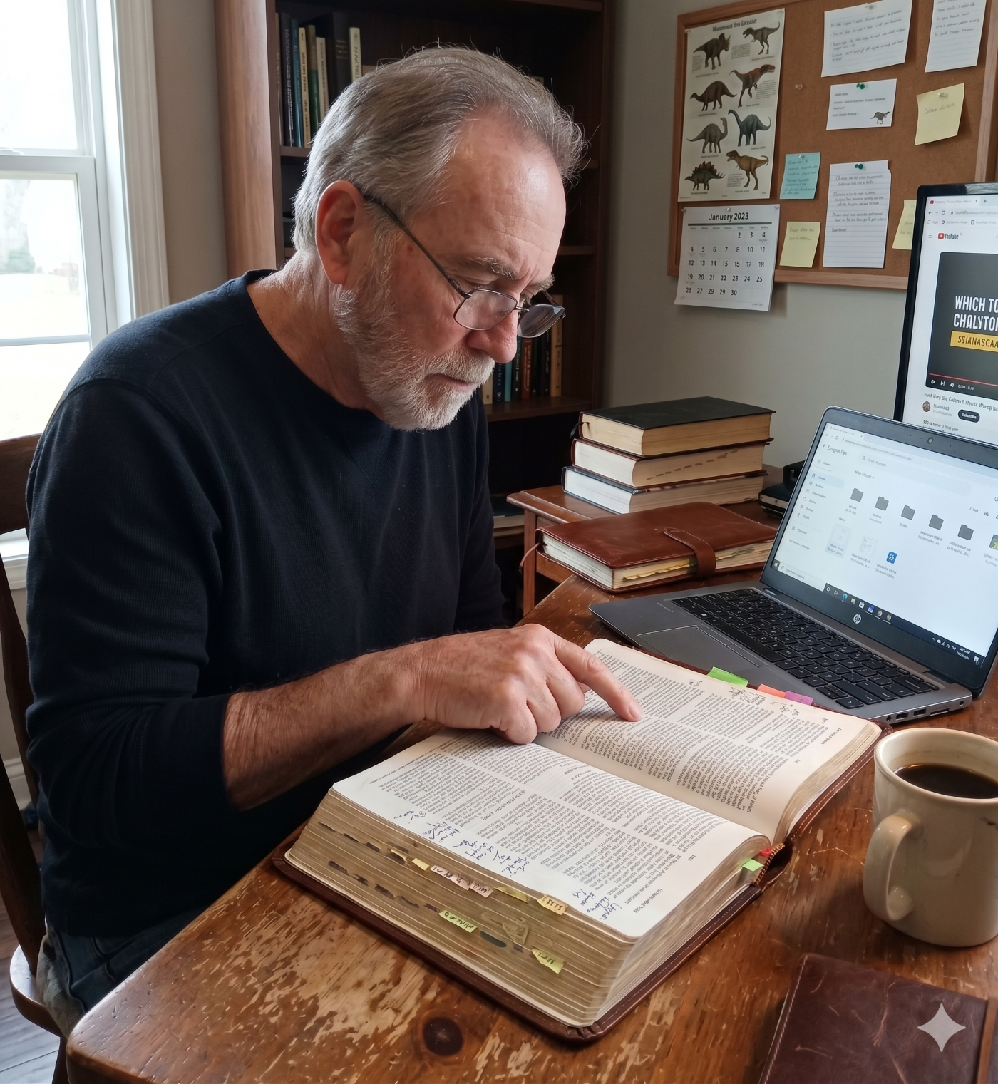 Gary Goodworth, founder of An Unseen World spiritual warfare ministry, studying an open Bible at his desk with a laptop and research notes. Gary Goodworth, founder of An Unseen World spiritual warfare ministry, studying an open Bible at his desk with a laptop and research notes.