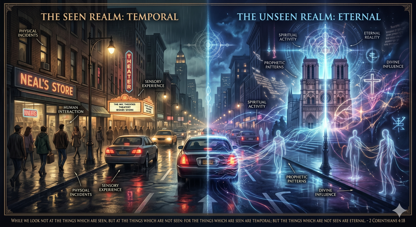 A split visual illustration of 2 Corinthians 4:18 showing the seen temporal world of a city street side-by-side with the unseen eternal spiritual realm filled with divine light and angelic activity. A split visual illustration of 2 Corinthians 4:18 showing the seen temporal world of a city street side-by-side with the unseen eternal spiritual realm filled with divine light and angelic activity.