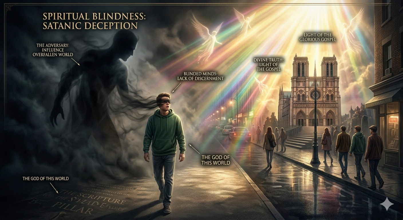 A symbolic illustration for a spiritual warfare ministry based on 2 Corinthians 4:4, showing a shadowy figure casting a dark veil over a person's eyes to blind them from the radiant divine light of the Gospel A symbolic illustration for a spiritual warfare ministry based on 2 Corinthians 4:4, showing a shadowy figure casting a dark veil over a person's eyes to blind them from the radiant divine light of the Gospel