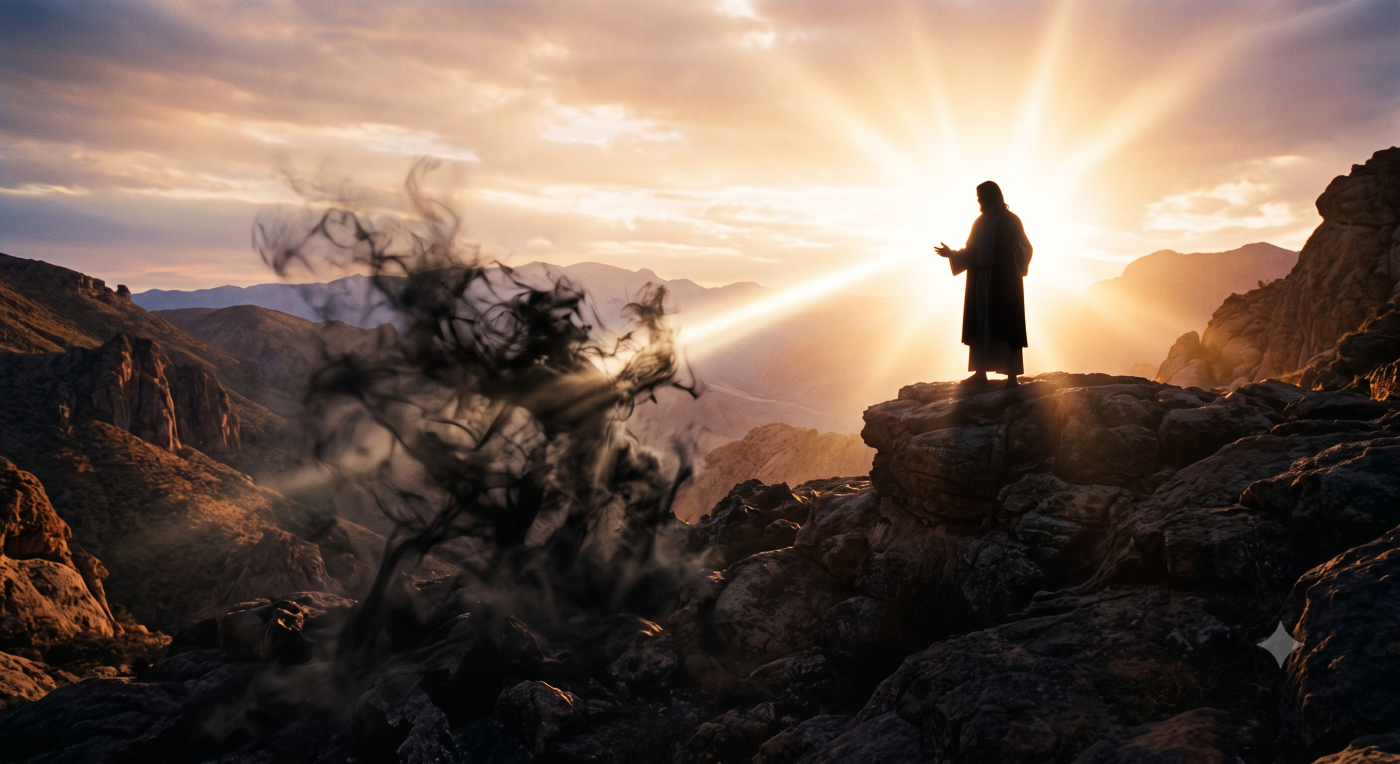 A wide, cinematic shot of a rocky mountain range at sunset, featuring the dark silhouette of a robed figure standing on a cliff edge, bathed in a brilliant golden sunburst. The figure faces a large, swirling mass of dark, smoky shadows that rises from the rocky foreground, creating a scene of dramatic spiritual confrontation between light and darkness. A wide, cinematic shot of a rocky mountain range at sunset, featuring the dark silhouette of a robed figure standing on a cliff edge, bathed in a brilliant golden sunburst. The figure faces a large, swirling mass of dark, smoky shadows that rises from the rocky foreground, creating a scene of dramatic spiritual confrontation between light and darkness.