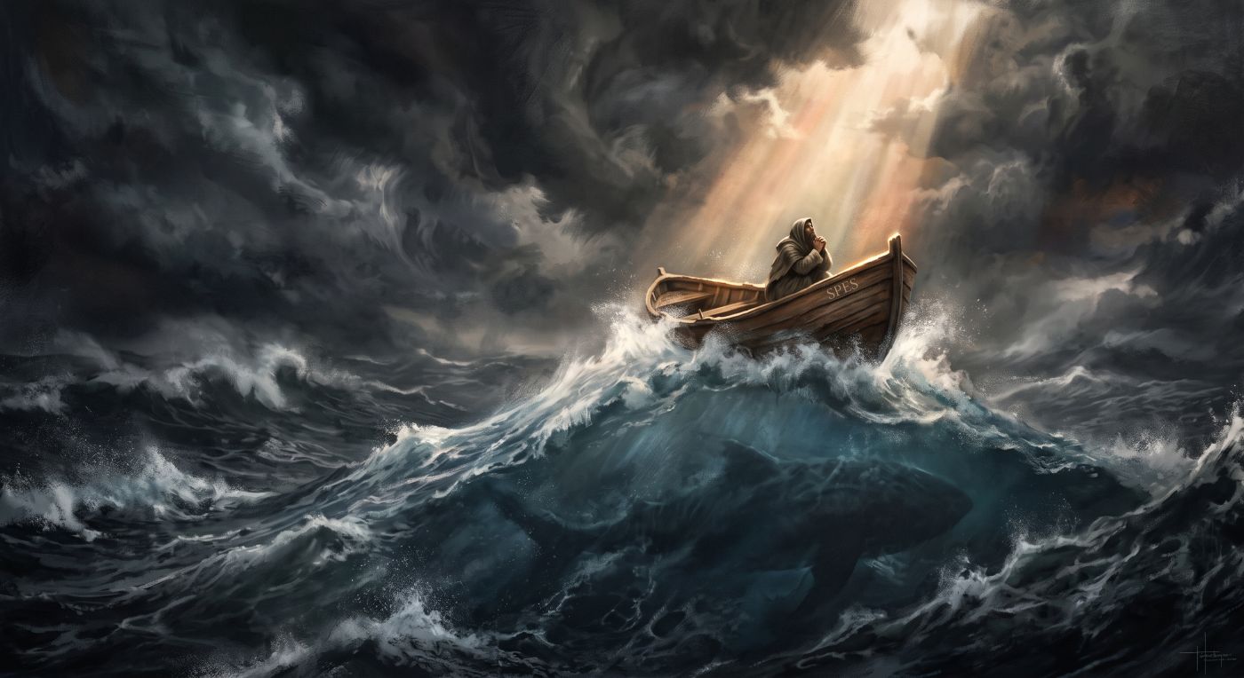 A painterly, high-contrast image of a small wooden boat crested on a massive ocean wave during a dark storm. A warm beam of light breaks through the swirling storm clouds to illuminate the boat, while the soft shadow silhouette of a large marine creature lurks beneath the churning water. A painterly, high-contrast image of a small wooden boat crested on a massive ocean wave during a dark storm. A warm beam of light breaks through the swirling storm clouds to illuminate the boat, while the soft shadow silhouette of a large marine creature lurks beneath the churning water.