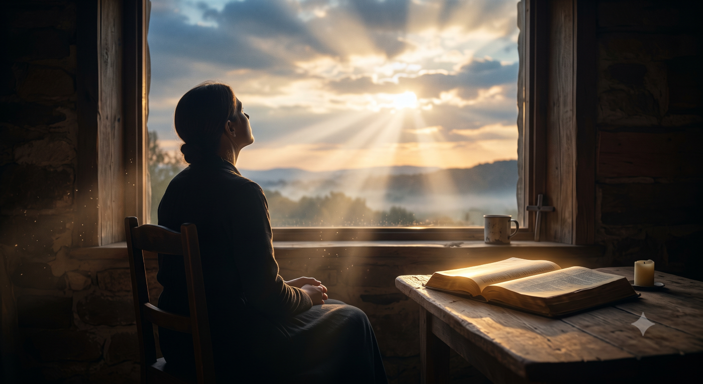 A quiet, cinematic scene of a person in silhouette sitting indoors by a large window, gazing up at a dramatic sunrise. Golden sunbeams break through parting clouds, illuminating the misty hills outside and bathing the rustic, dimly lit room in a soft glow. In the foreground, an open Bible rests on a simple wooden table, its pages subtly catching the warm light. A quiet, cinematic scene of a person in silhouette sitting indoors by a large window, gazing up at a dramatic sunrise. Golden sunbeams break through parting clouds, illuminating the misty hills outside and bathing the rustic, dimly lit room in a soft glow. In the foreground, an open Bible rests on a simple wooden table, its pages subtly catching the warm light.
