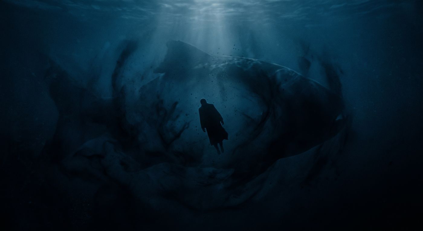 A haunting, cinematic underwater photograph set in the cold, murky depths of a storm-tossed sea. In the center, a lone, faceless human silhouette clad in a dark, flowing coat drifts downward, surrounded by oppressive, swirling deep blue and black currents. Swirling shadows and particles convey spiritual despair. Behind and around the figure, a massive, vague, and non-detailed outline of a great fish forms in the darkness, enclosing the human silhouette like a cavern. Faint light shafts from the surface struggle to pierce the deep, blue-tinted void, highlighting the figure and the dark shape in high-contrast gloom. The scene is free of detailed life or literal hell imagery, focusing on symbolic depth and isolation. A haunting, cinematic underwater photograph set in the cold, murky depths of a storm-tossed sea. In the center, a lone, faceless human silhouette clad in a dark, flowing coat drifts downward, surrounded by oppressive, swirling deep blue and black currents. Swirling shadows and particles convey spiritual despair. Behind and around the figure, a massive, vague, and non-detailed outline of a great fish forms in the darkness, enclosing the human silhouette like a cavern. Faint light shafts from the surface struggle to pierce the deep, blue-tinted void, highlighting the figure and the dark shape in high-contrast gloom. The scene is free of detailed life or literal hell imagery, focusing on symbolic depth and isolation.