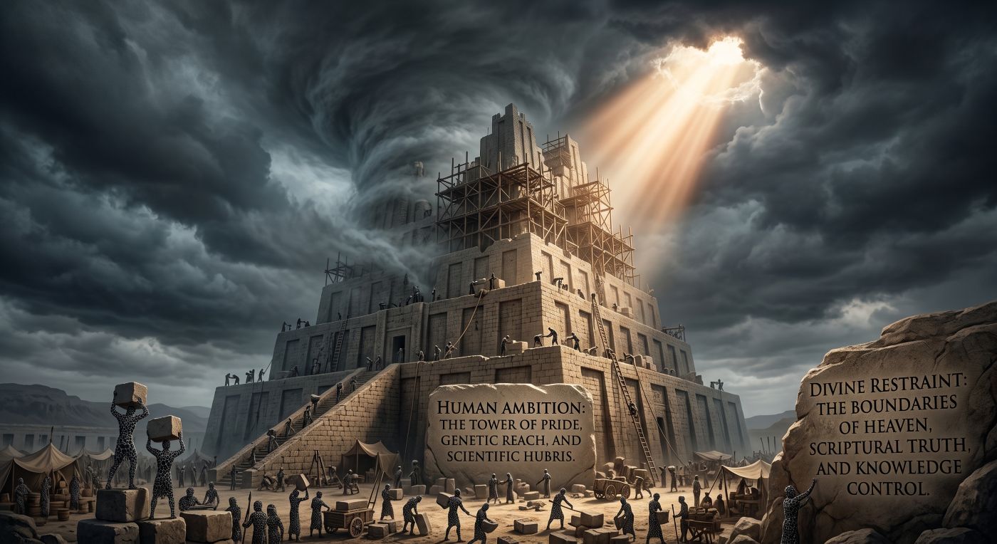 A dramatic, wide-angle cinematic illustration of the biblical Tower of Babel under construction in a desert landscape. The massive, stepped stone ziggurat is swarmed by tiny workers (with molecular-patterned bodies) carrying blocks up ramps, surrounded by scaffolding and a sprawling labor camp. Dark, swirling storm clouds loom over the structure, with a powerful, diagonal shaft of divine light breaking through the gloom on the right. In the center foreground, a large, weathered stone slab is carved with the text: "HUMAN AMBITION: THE TOWER OF PRIDE, GENETIC REACH, AND SCIENTIFIC HUBRIS." On a larger rock face on the right, the text reads: "DIVINE RESTRAINT: THE BOUNDARIES OF HEAVEN, SCRIPTURAL TRUTH, AND KNOWLEDGE CONTROL." A dramatic, wide-angle cinematic illustration of the biblical Tower of Babel under construction in a desert landscape. The massive, stepped stone ziggurat is swarmed by tiny workers (with molecular-patterned bodies) carrying blocks up ramps, surrounded by scaffolding and a sprawling labor camp. Dark, swirling storm clouds loom over the structure, with a powerful, diagonal shaft of divine light breaking through the gloom on the right. In the center foreground, a large, weathered stone slab is carved with the text: "HUMAN AMBITION: THE TOWER OF PRIDE, GENETIC REACH, AND SCIENTIFIC HUBRIS." On a larger rock face on the right, the text reads: "DIVINE RESTRAINT: THE BOUNDARIES OF HEAVEN, SCRIPTURAL TRUTH, AND KNOWLEDGE CONTROL."