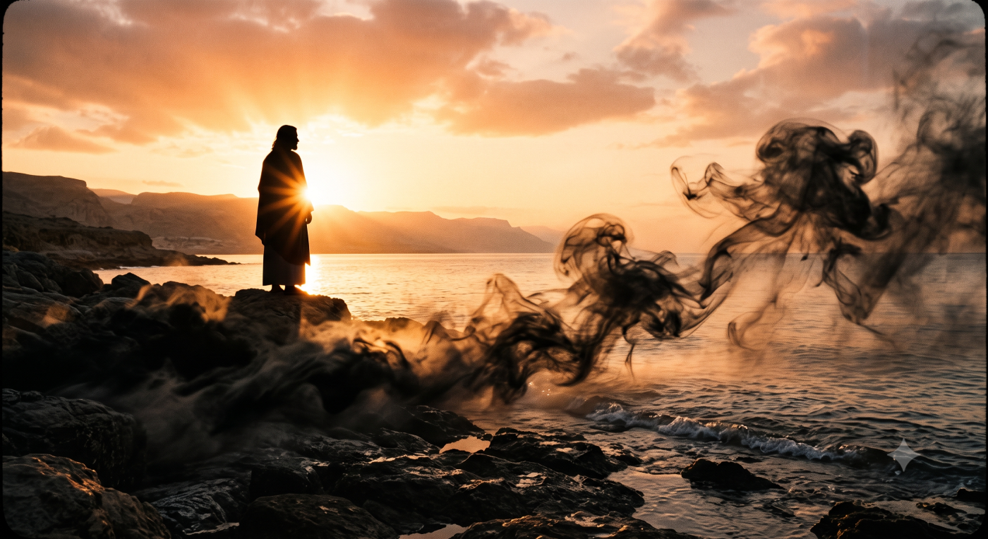 A cinematic, high-contrast biblical scene at dawn. The lone silhouette of Jesus stands on a dark, rocky shoreline, illuminated from behind by a radiant golden sun breaking over distant hills and calm water. In the foreground, swirling dark mist and abstract shadows representing spiritual oppression dissolve and retreat as the warm, divine light expands across the landscape. The figure is face-less, emphasizing the symbolic and reverent tone of light overcoming darkness. A cinematic, high-contrast biblical scene at dawn. The lone silhouette of Jesus stands on a dark, rocky shoreline, illuminated from behind by a radiant golden sun breaking over distant hills and calm water. In the foreground, swirling dark mist and abstract shadows representing spiritual oppression dissolve and retreat as the warm, divine light expands across the landscape. The figure is face-less, emphasizing the symbolic and reverent tone of light overcoming darkness.