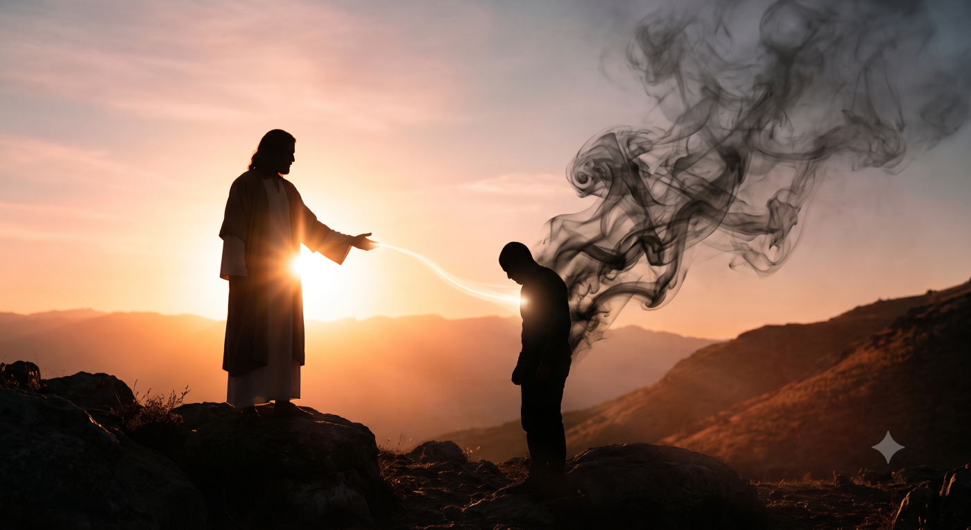 A cinematic silhouette at sunset shows Jesus on a rocky outcrop, extending a hand of light toward a man who stands head bowed in front of him. A large, dark plume of smoke representing spiritual struggle rises from the man’s heart as a thin light connection flows between them. A cinematic silhouette at sunset shows Jesus on a rocky outcrop, extending a hand of light toward a man who stands head bowed in front of him. A large, dark plume of smoke representing spiritual struggle rises from the man’s heart as a thin light connection flows between them.