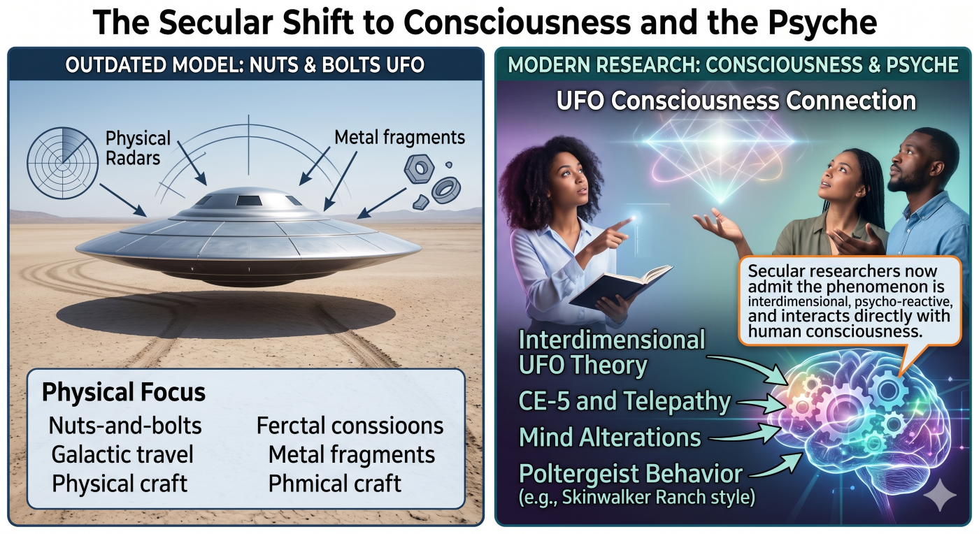 A side-by-side comparison infographic. The left panel shows a physical UFO in a desert with text labeling it 'Outdated Model: Nuts & Bolts UFO'. The right panel depicts people interacting with a glowing light formation, connecting to a diagram of a human brain, with text labeling it 'Modern Research: Consciousness & Psyche'. A side-by-side comparison infographic. The left panel shows a physical UFO in a desert with text labeling it 'Outdated Model: Nuts & Bolts UFO'. The right panel depicts people interacting with a glowing light formation, connecting to a diagram of a human brain, with text labeling it 'Modern Research: Consciousness & Psyche'.