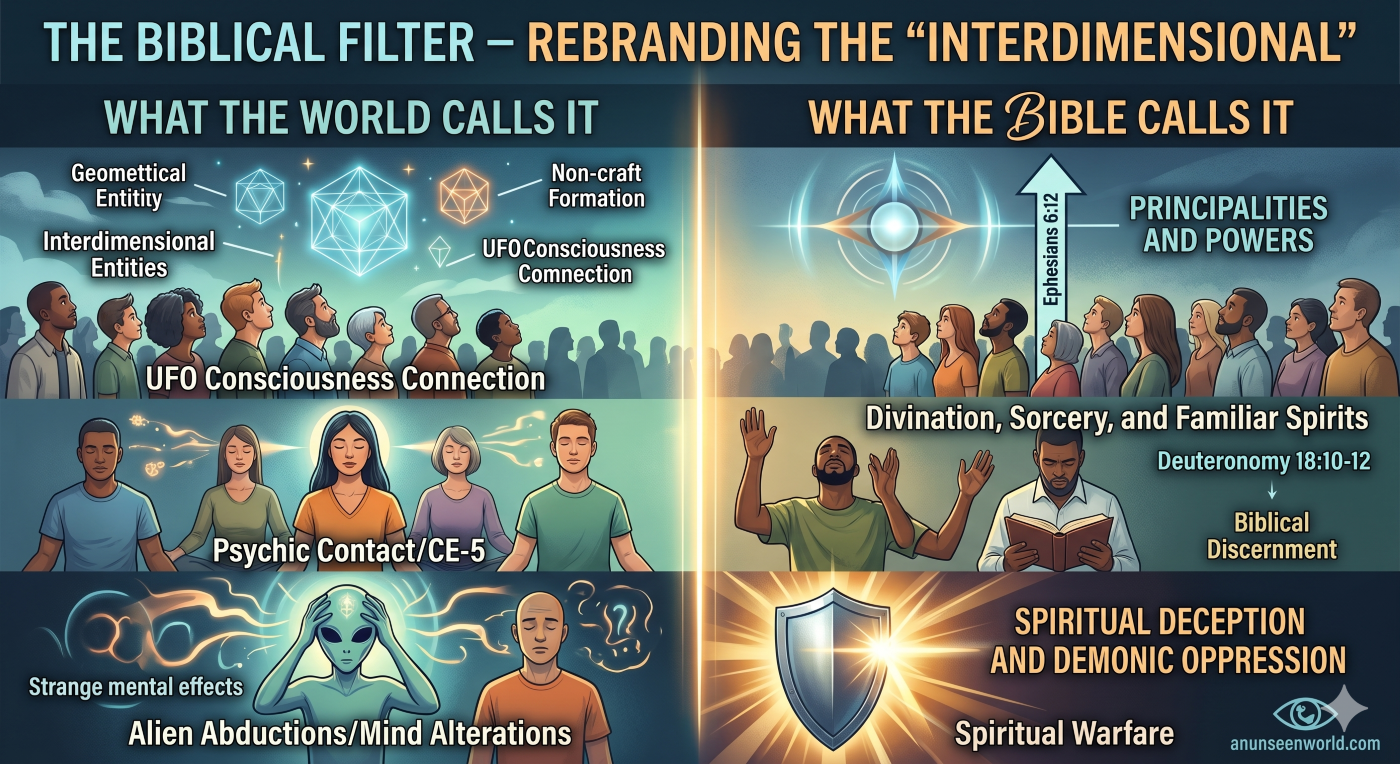 A vertical infographic split into two sections. The top reads 'THE BIBLICAL FILTER – REBRANDING THE "INTERDIMENSIONAL"'. The left section, 'WHAT THE WORLD CALLS IT', shows modern concepts like 'Geometrical Entity', 'Interdimensional Entities', 'UFO Consciousness Connection', 'Psychic Contact/CE-5', and 'Alien Abductions/Mind Alterations' with diagrams. The right section, 'WHAT THE BIBLE CALLS IT', provides a scriptural counterpart, linking these to 'PRINCIPALITIES AND POWERS' (Ephesians 6:12), 'Divination, Sorcery, and Familiar Spirits' (Deuteronomy 18:10-12), and 'SPIRITUAL DECEPTION AND DEMONIC OPPRESSION' with related visuals, including a spiritual warfare shield. The bottom right features the logo 'anunseenworld.com'. A vertical infographic split into two sections. The top reads 'THE BIBLICAL FILTER – REBRANDING THE "INTERDIMENSIONAL"'. The left section, 'WHAT THE WORLD CALLS IT', shows modern concepts like 'Geometrical Entity', 'Interdimensional Entities', 'UFO Consciousness Connection', 'Psychic Contact/CE-5', and 'Alien Abductions/Mind Alterations' with diagrams. The right section, 'WHAT THE BIBLE CALLS IT', provides a scriptural counterpart, linking these to 'PRINCIPALITIES AND POWERS' (Ephesians 6:12), 'Divination, Sorcery, and Familiar Spirits' (Deuteronomy 18:10-12), and 'SPIRITUAL DECEPTION AND DEMONIC OPPRESSION' with related visuals, including a spiritual warfare shield. The bottom right features the logo 'anunseenworld.com'.