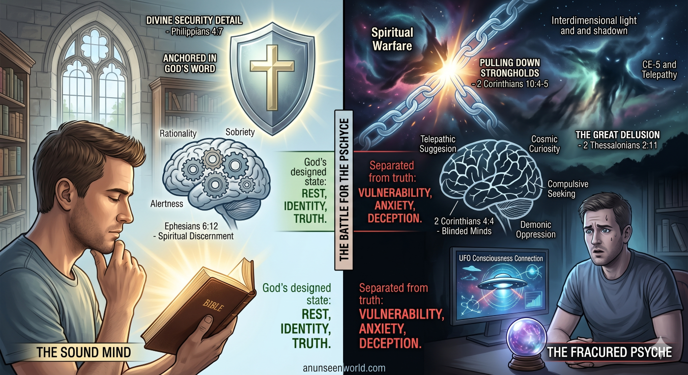 A split conceptual infographic. The left panel, 'The Sound Mind', shows a man in a library with an open Bible and glowing verses, shielded from dark, deceptive cosmic thoughts and mental manipulation. The right panel, 'The Fractured Psyche', depicts a confused man surrounded by broken chains and a dark cloud labeled 'UFO Consciousness Connection', with text about telepathic suggestions and cosmic curiosity. A split conceptual infographic. The left panel, 'The Sound Mind', shows a man in a library with an open Bible and glowing verses, shielded from dark, deceptive cosmic thoughts and mental manipulation. The right panel, 'The Fractured Psyche', depicts a confused man surrounded by broken chains and a dark cloud labeled 'UFO Consciousness Connection', with text about telepathic suggestions and cosmic curiosity.