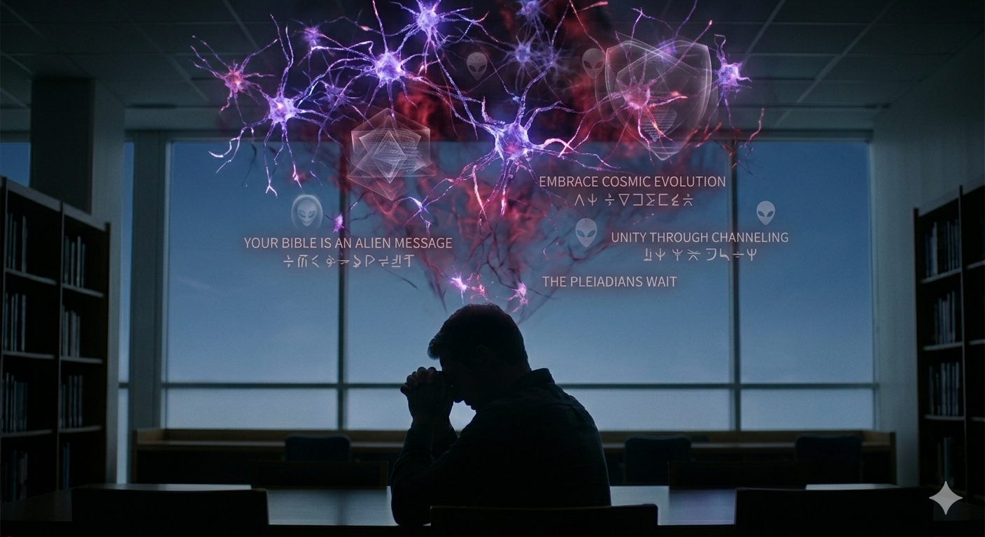 A man praying in a dimly lit library, shielded by glowing biblical verses from dark, deceptive cosmic thoughts and mental manipulation. A man praying in a dimly lit library, shielded by glowing biblical verses from dark, deceptive cosmic thoughts and mental manipulation.