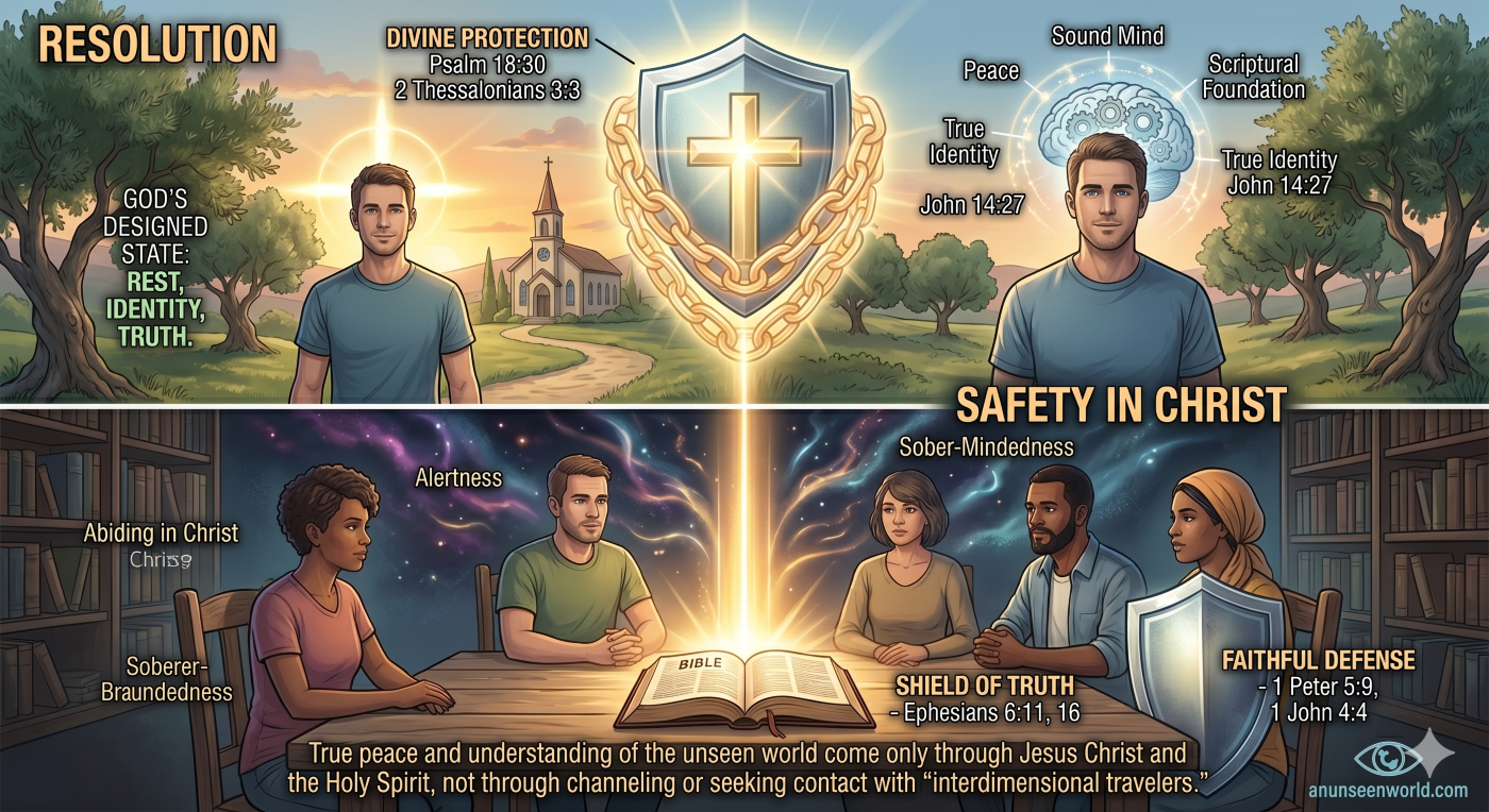 A split infographic labeled 'RESOLUTION' and 'SAFETY IN CHRIST'. The top panel shows a man in a peaceful landscape with a glowing cross shield representing divine protection. The bottom panel features a diverse group of people gathered around a wooden table with an open Bible, illuminated by a beam of light, with text emphasizing that true peace comes through Jesus Christ rather than seeking contact with interdimensional travelers. A split infographic labeled 'RESOLUTION' and 'SAFETY IN CHRIST'. The top panel shows a man in a peaceful landscape with a glowing cross shield representing divine protection. The bottom panel features a diverse group of people gathered around a wooden table with an open Bible, illuminated by a beam of light, with text emphasizing that true peace comes through Jesus Christ rather than seeking contact with interdimensional travelers.