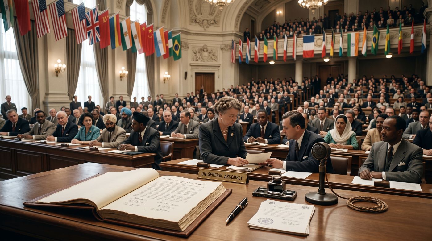 A detailed photograph of a large, international assembly hall at the United Nations General Assembly on December 10, 1948. In the foreground, a massive, open book rests on a desk, titled 'UNIVERSAL DECLARATION OF HUMAN RIGHTS', showing handwritten text and signatures. Next to it is a plaque reading 'UNITED NATIONS GENERAL ASSEMBLY DECEMBER 10, 1948'. Behind the desk, a woman, resembling Eleanor Roosevelt, and a man review a paper. They are surrounded by diverse delegates from many nations, seated at curved desks and in a large public gallery, all facing forward. National flags hang prominently from the gallery railings.