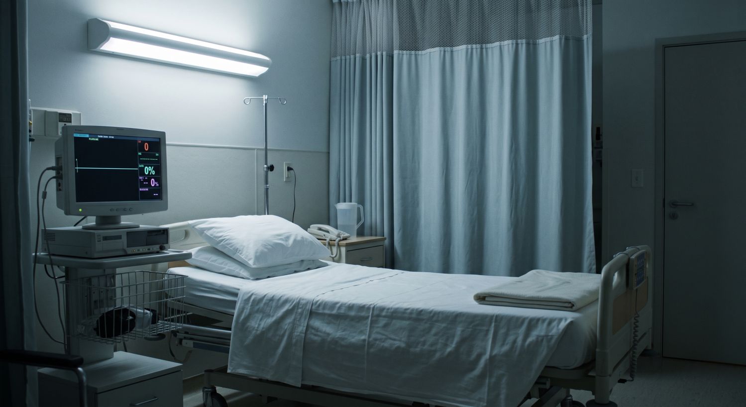 A wide-angle, dimly lit photograph of an empty, single-occupancy hospital room. A patient bed with two pillows, white sheets, and a folded blanket is neatly made and unoccupied. To the left, a prominent medical monitor displays a flat-line reading, next to an IV pole and rolling cart. In the background, a large, light-blue privacy curtain is drawn across a window, next to a closed white door. The scene is illuminated by a harsh, cool fluorescent light fixture on the wall, creating a stark, sterile, and silent atmosphere. A wide-angle, dimly lit photograph of an empty, single-occupancy hospital room. A patient bed with two pillows, white sheets, and a folded blanket is neatly made and unoccupied. To the left, a prominent medical monitor displays a flat-line reading, next to an IV pole and rolling cart. In the background, a large, light-blue privacy curtain is drawn across a window, next to a closed white door. The scene is illuminated by a harsh, cool fluorescent light fixture on the wall, creating a stark, sterile, and silent atmosphere.