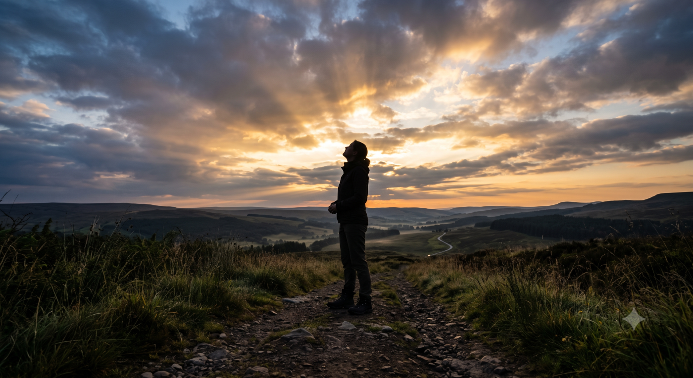 A wide-angle, cinematic photograph of a lone silhouette standing on a rugged, stone-strewn dirt path at sunrise. The figure is looking up toward a dramatic sky where warm, golden sunlight breaks through heavy, dark blue clouds. The low-angle shot highlights the person's feet firmly planted on the grassy trail, balancing a serene focus on the heavens with a grounded presence on the earth. A wide-angle, cinematic photograph of a lone silhouette standing on a rugged, stone-strewn dirt path at sunrise. The figure is looking up toward a dramatic sky where warm, golden sunlight breaks through heavy, dark blue clouds. The low-angle shot highlights the person's feet firmly planted on the grassy trail, balancing a serene focus on the heavens with a grounded presence on the earth.