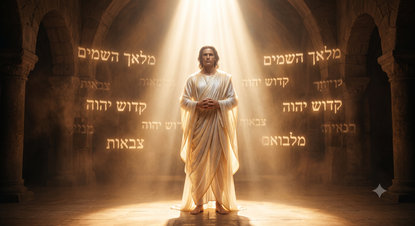 A radiant, wingless biblical angel standing in a beam of heavenly light, wearing luminous flowing robes with glowing ancient Hebrew script in the background. A radiant, wingless biblical angel standing in a beam of heavenly light, wearing luminous flowing robes with glowing ancient Hebrew script in the background.