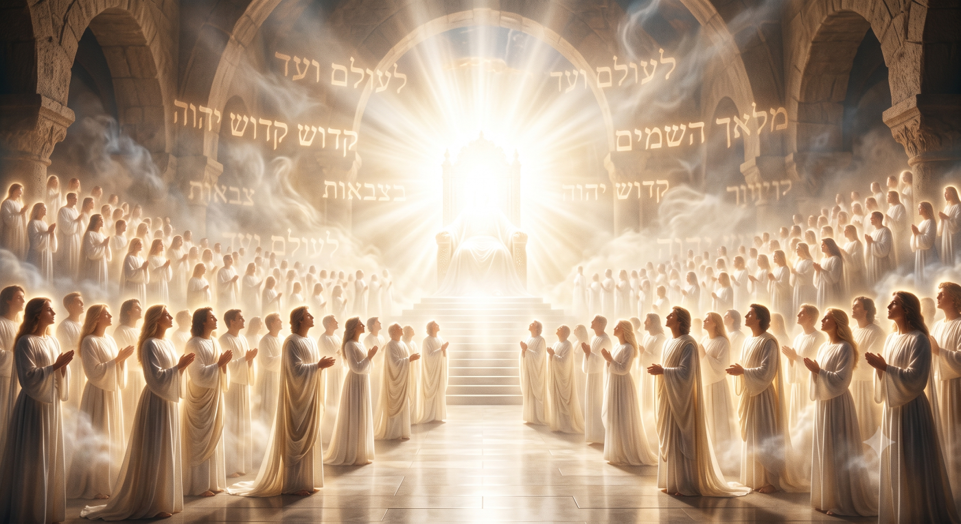 "A majestic heavenly throne blazing with pure white light, surrounded by a vast multitude of wingless, human-like angels in reverent worship. The atmosphere is filled with a holy mist reflecting Isaiah 6, with glowing ancient Hebrew script faintly visible in the background light. "A majestic heavenly throne blazing with pure white light, surrounded by a vast multitude of wingless, human-like angels in reverent worship. The atmosphere is filled with a holy mist reflecting Isaiah 6, with glowing ancient Hebrew script faintly visible in the background light.