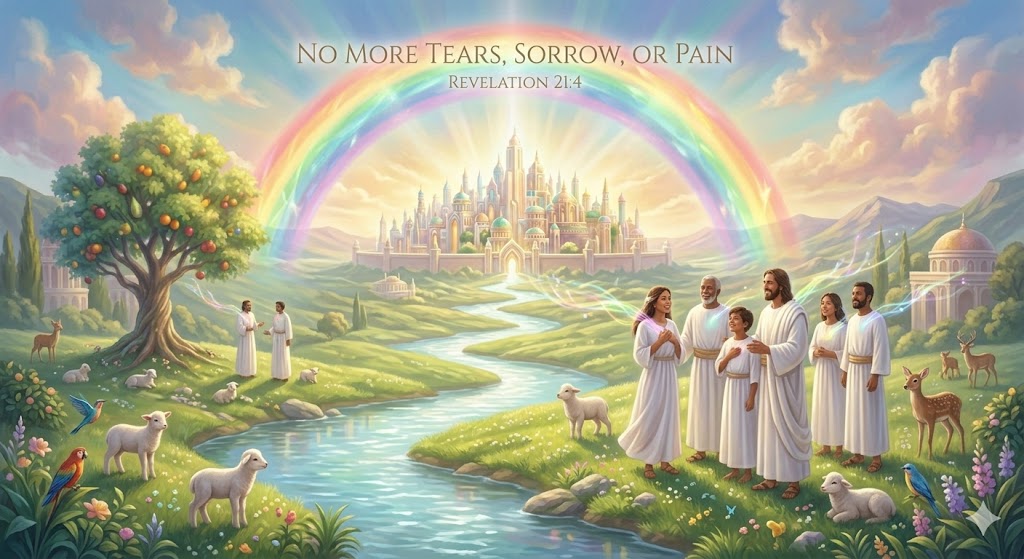 A serene biblical illustration of what heaven is like in terms of the absence of sorrow, showing a peaceful New Earth valley where glorified believers stand free from pain, death, and tears, filled with the light of God's presence.
