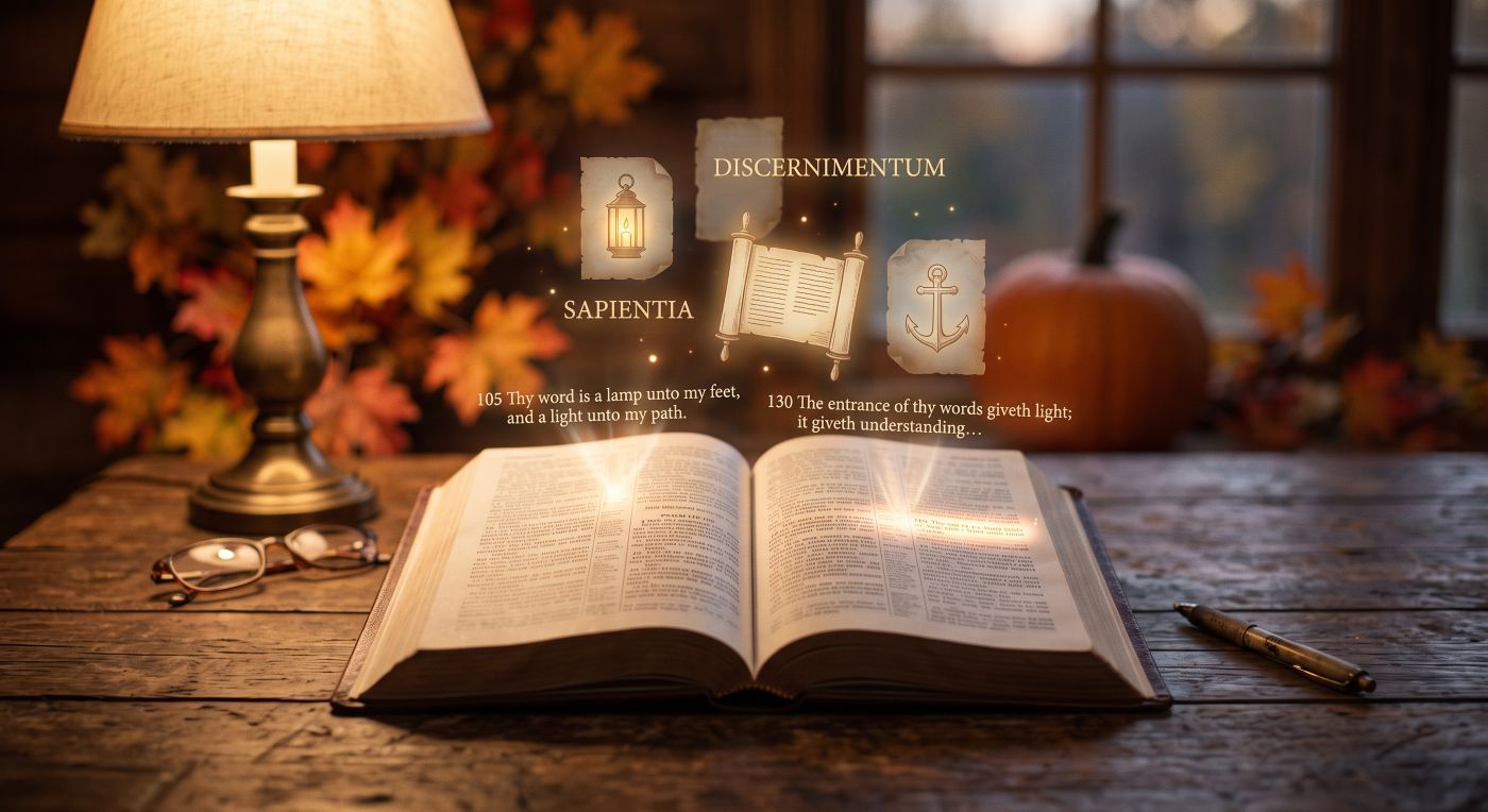 An open Bible sits on a rustic wooden desk with reading glasses and a pen. In the warm background, there is a lamp, a window, autumn leaves, and a pumpkin. Above the Bible, glowing symbols of a lantern, a scroll, and an anchor float, labeled with the Latin words 'SAPIENTIA' and 'DISCERNIMENTUM' An open Bible sits on a rustic wooden desk with reading glasses and a pen. In the warm background, there is a lamp, a window, autumn leaves, and a pumpkin. Above the Bible, glowing symbols of a lantern, a scroll, and an anchor float, labeled with the Latin words 'SAPIENTIA' and 'DISCERNIMENTUM'