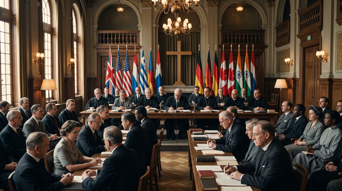 A photorealistic historical photograph of the founding assembly of the World Council of Churches in 1948. A large group of multi-ethnic men and women, including many in formal late-1940s attire and various clerical vestments, are seated at long tables in a grand European conference hall. In the background, numerous national flags surround a large, simple wooden cross, symbolizing international Christian unity. Microphones and documents are on the tables, and the overall atmosphere is one of serious collaboration and historic significance.