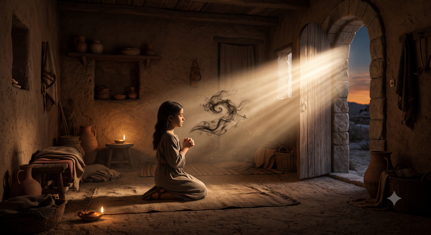 A young girl in ancient-style clothing kneels on a woven mat in a simple, earth-toned room, praying. Intense, dusty rays of sunlight stream through an open doorway, and a thin, dark swirl of smoke or mist rises from her lips, following the path of the light. A young girl in ancient-style clothing kneels on a woven mat in a simple, earth-toned room, praying. Intense, dusty rays of sunlight stream through an open doorway, and a thin, dark swirl of smoke or mist rises from her lips, following the path of the light.